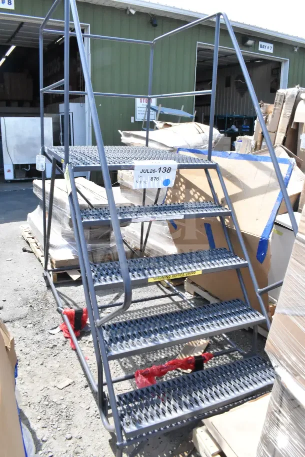 BRAND NEW Tri-Arc 5-Step Steel Mobile Work Platform, 36"x47", handrails, 800 lb capacity, visible tags indicate model WLWP153648SL.