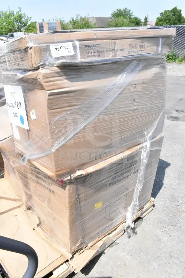 Sealed pallet with boxes labeled Regency 24"x36" Black Epoxy Wire Shelf and Flatware Cart, ready for auction.