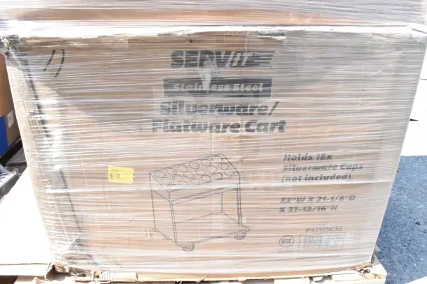 Cardboard box containing new ServIt stainless steel flatware cart. Holds 18 cups, dimensions 32"W x 21-1/8"D x 37-13/16"H. Model #423TSC32.