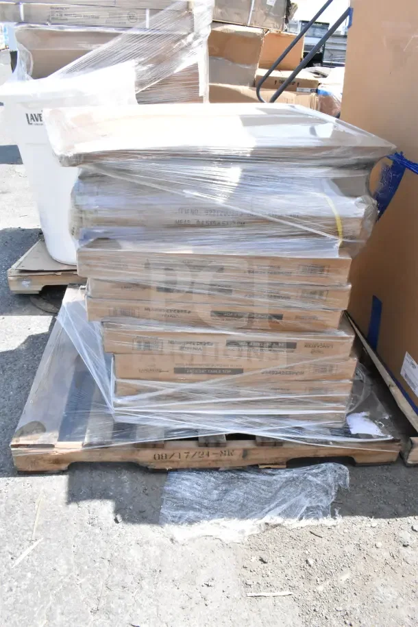 10 new Lancaster Table & Seating 24"x24" wood butcher block table tops with vintage finish, pallet packed.