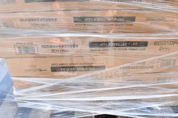 10 brand new Lancaster Table & Seating 24" x 24" square wood butcher block table tops, vintage finish, packaged in boxes.