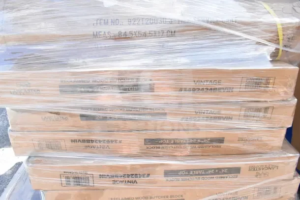 10 new Lancaster Table & Seating 24" x 24" wood butcher block table tops, vintage finish, packaged with labels visible.