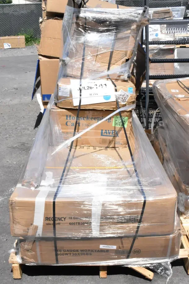 Six brand new scratch and dent items including a housekeeping cart, chairs, and Regency worktable, wrapped on a pallet.