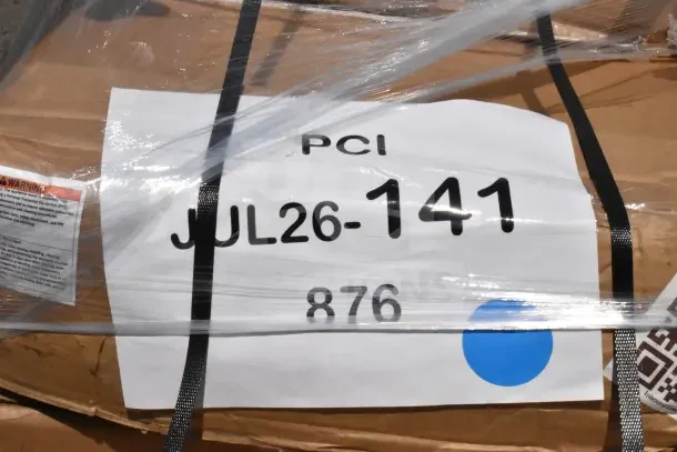 Plastic-wrapped package labeled "PCI JUL26-141, 876" containing 6 new scratch and dent items: chairs, work table, housekeeping cart.