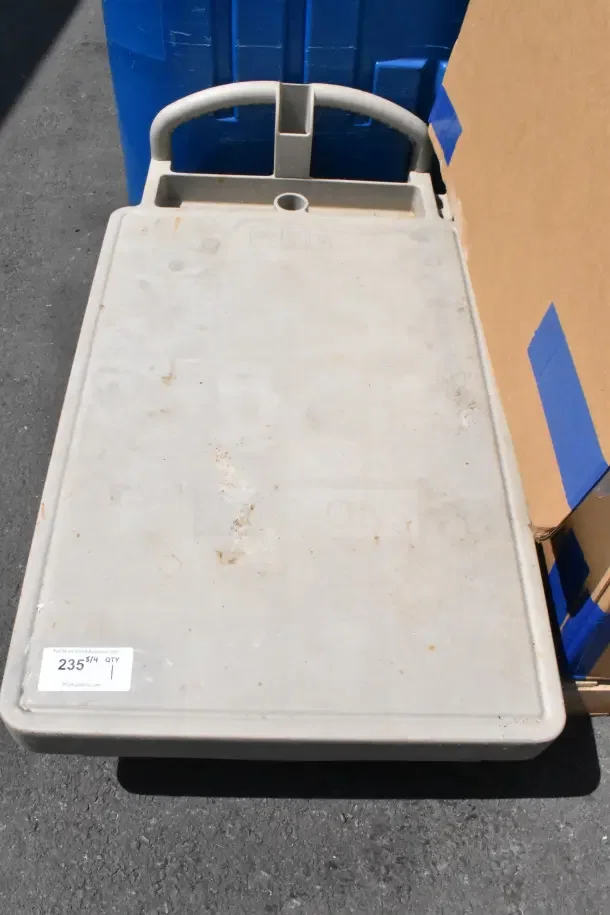 Rubbermaid 2 Tier Cart, beige, missing pieces, with visible wear and sticker label showing quantity as 1.
