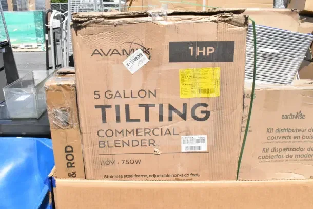 Cardboard box of AvaMix 5-gallon tilting commercial blender, 1 HP, 110V, 750W, stainless steel, new with visible shipping labels.