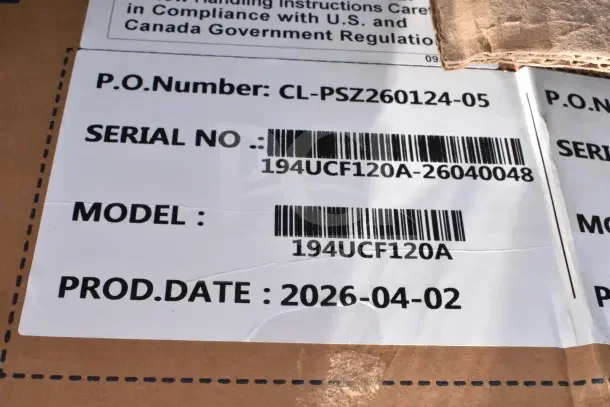 Label on Avantco Ice UC-F-120-A machine box showing serial number 194UCF120A-26040048, model 194UCF120A, production date 2026-04-02.