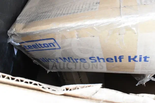 Cardboard box with "Steelton Utility Wire Shelf Kit" label, showing slight damage, part of a brand new scratch and dent lot.