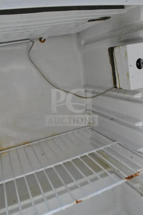 Mini cooler interior, showing white metal shelves and signs of rust and staining. 115 volts, 1 phase.