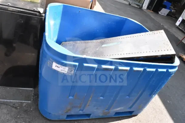 Blue poly bin in used condition, with label showing "244 47 QT," indicating quantity or capacity.