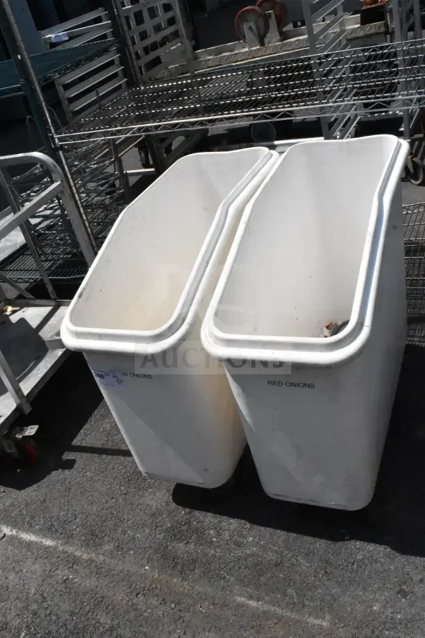 Two white poly ingredient bins, labeled for onions. Each bin appears in used condition, suitable for storage.