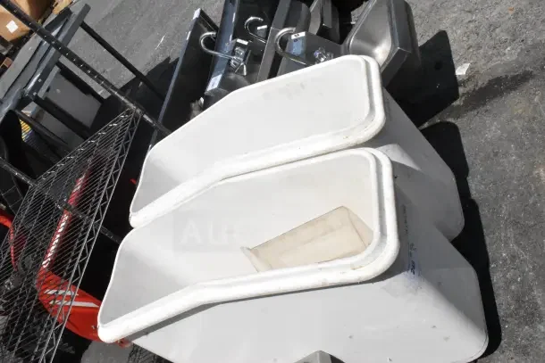 2 white poly ingredient bins, used, with visible wear. Stackable design, ideal for bulk storage.