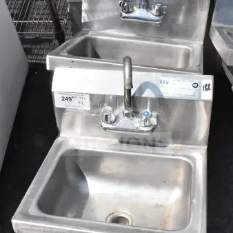 Two commercial single bay wall mount sinks with faucets and handles, stainless steel, visible labels indicating model and quantity.