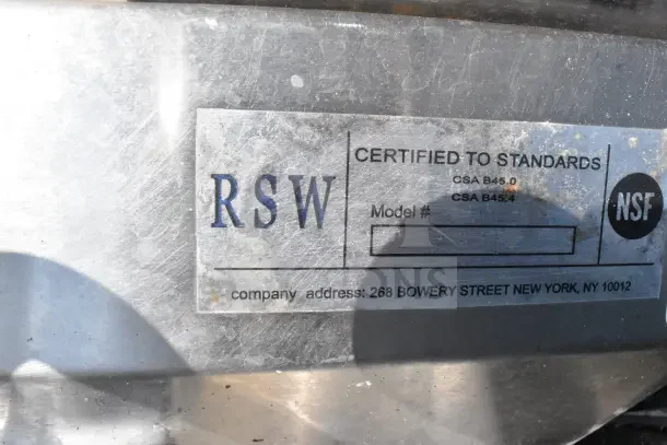 Two commercial single bay wall mount sinks with faucet and handles. NSF certified, RSW model, address: 268 Bowery St, NY.