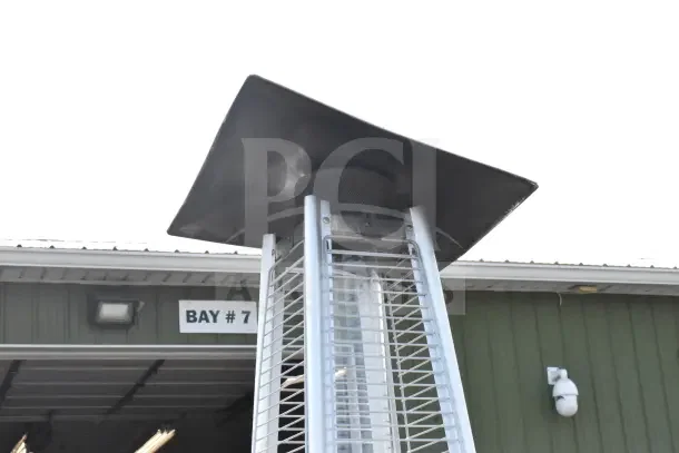 Nuu Garden Outdoor Propane Gas Heater, tall design with protective grill, black top. Ideal for patio heating.
