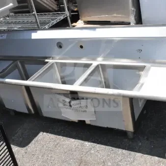 BRAND NEW Steelton 54" 3-compartment commercial sink, scratch and dent, two 12" drainboards, model 522CS31014LR, no legs.