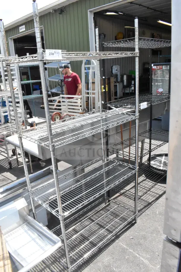 Chrome finish 4-tier wire shelving unit, sturdy construction, buyer must dismantle, assess freight charges.