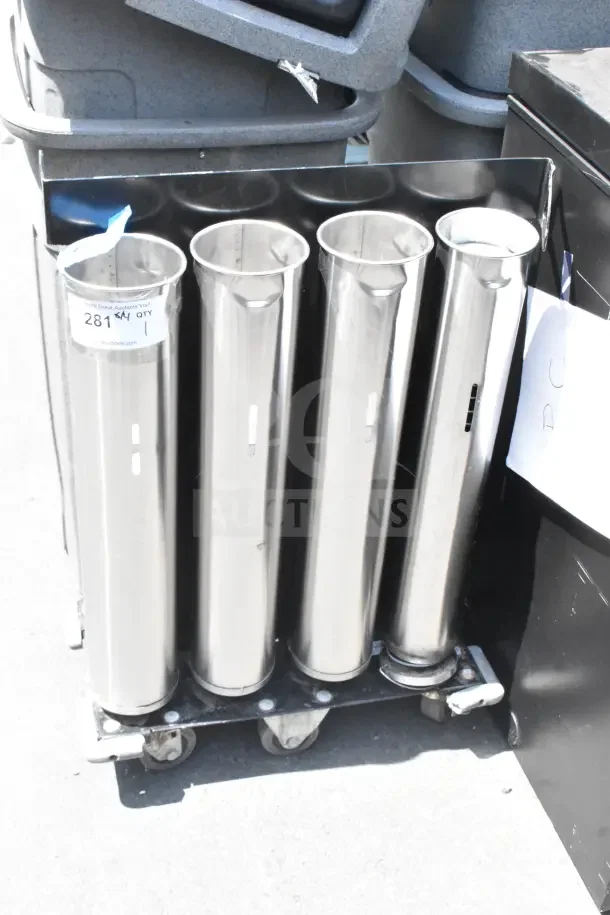 Portable 8 Well Cup Dispenser Unit with stainless steel tubes on commercial casters. Label: 281 K4 QTY 1.