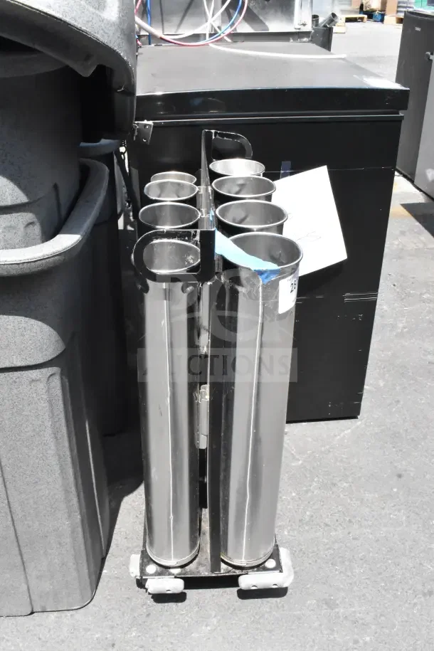 Portable 8 Well Cup Dispenser Unit with stainless steel holders on commercial casters, used condition.