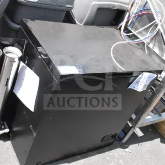 Frigidaire Gallery chest freezer, black, 115 volts, 1 phase, minor surface wear visible, suitable for large storage needs.