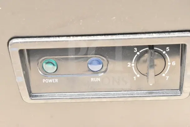 Frigidaire Gallery Chest Freezer control panel with power and run indicators, and temperature dial. 115 Volts, 1 Phase.