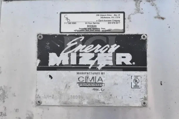 CMA AH-2 commercial dishwasher; label showing "Energy Mizer" branding, CSA contact info, and UL certification.
