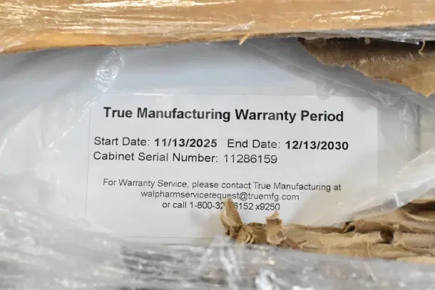 "True TSCI-600R-G-PH Reach In Cooler Merchandiser with warranty tag, start: 11/13/2025, end: 12/13/2030, serial: 11286159."