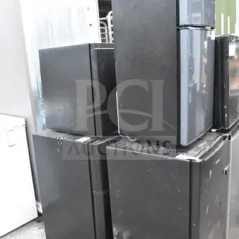 Four black mini coolers including Galanz and Haier, 120 volts, 1 phase. Various conditions, sold as one lot.
