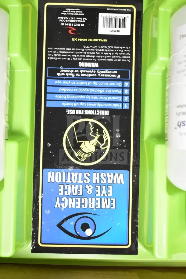 Emergency Eye & Face Wash Station in green plastic case, featuring clear instructions. Brand: Radnor. Model: REW320.