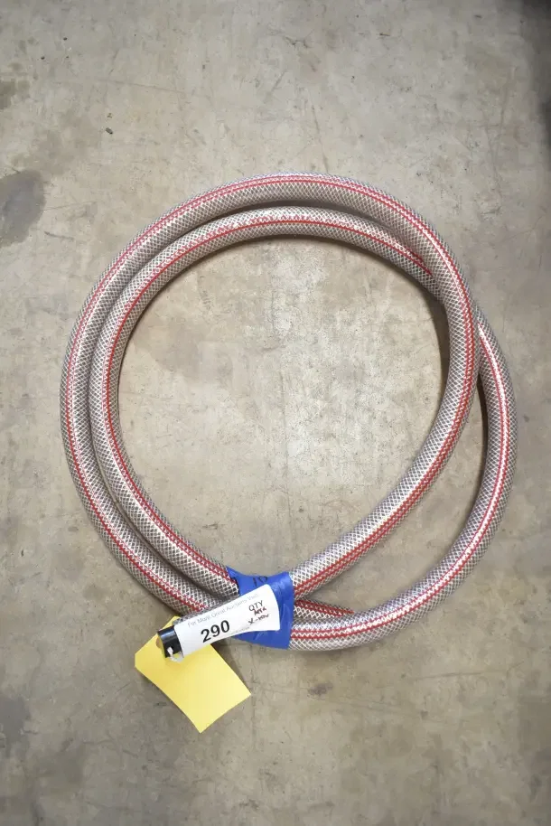 Brand new hose with metal connectors, coiled and tagged with auction lot number 290. Quantity label notes 4x.
