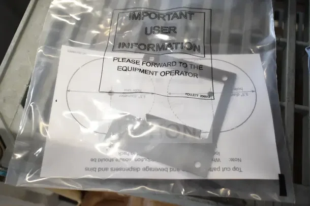 4 new items in packaging, including a soap dispenser, rack, IBD bin kit. Label indicates "Important User Information."