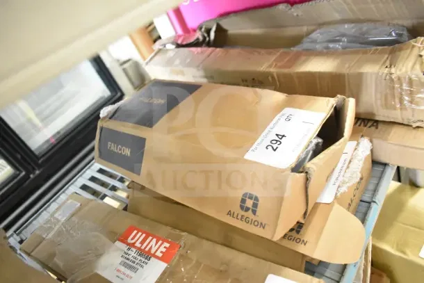 Brand new Falcon SC81A Door Closer in box, labeled "Allegion" and "ULINE". Box marked "294" for auction item tracking.