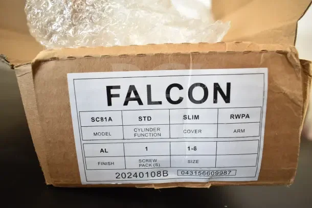 BRAND NEW Falcon SC81A Door Closer in box. Model SC81A, slim cover, AL finish, size 1-6. Serial 20240108B.