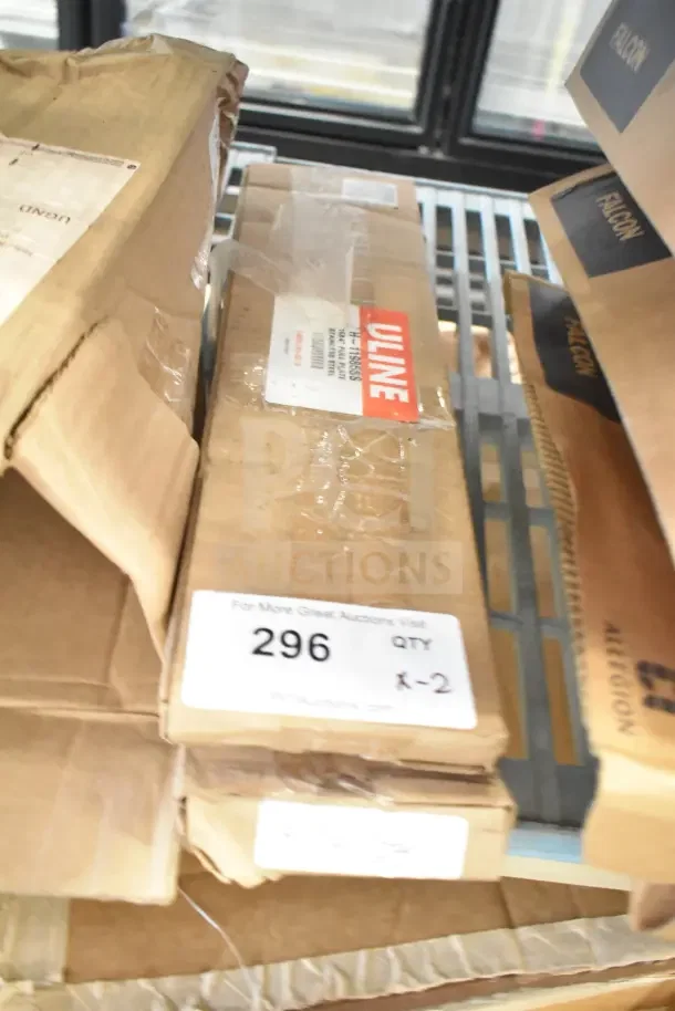 Brand new Uline H-11985SS Pull Plate in box. Auction lot 296, quantity 2. Box sealed with visible labels.
