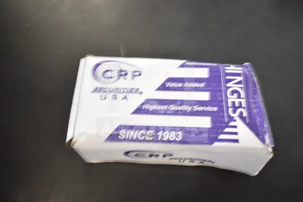 Box of new CRP hinges, labeled "Security USA," emphasizing quality service since 1983.