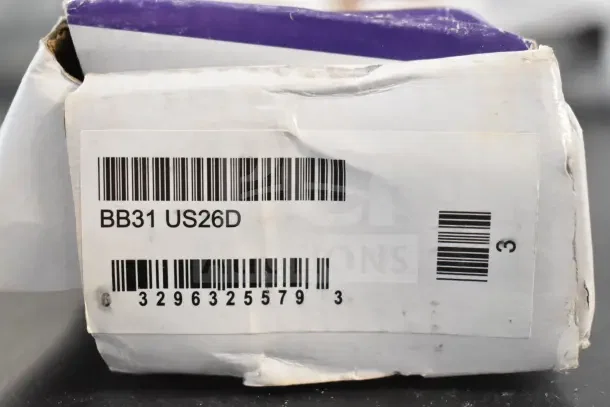 New box of 4 hinges, model BB31 US26D, barcode 32963255793, visible on packaging.