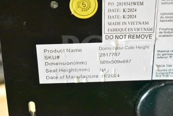 Label for Dome Base Cafe Height stand, SKU# 2817787, dimensions 509x509x687mm, made in Vietnam, 11/2024.