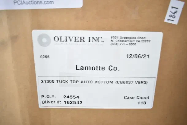 Three new scratch and dent Oliver Tuck Top Boxes, model 21300. Label shows P.O. 24554, Oliver #162542. Case count 110.