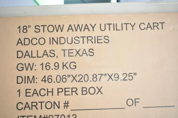 "Adco 18-inch Stow Away Utility Cart label, new scratch and dent condition, dimensions 46.06x20.87x9.25 inches, 16.9 kg."