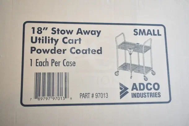 Alt text: Adco 18" Stow Away Utility Cart, powder coated, labeled "small" on packaging. Brand new, with minor scratches and dents.