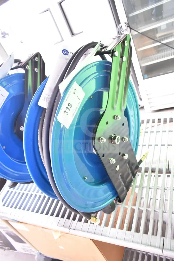 "BRAND NEW SCRATCH AND DENT! CP3688 Cyclone Pneumatic 50 Ft. X 3/8 In. Retractable Air Hose Reel on display, minor cosmetic blemishes, includes tags with brand and quantity."