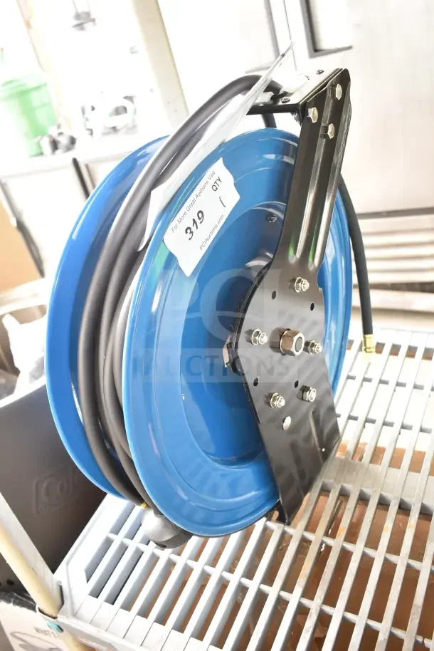 BRAND NEW CP3688 Cyclone Pneumatic 50 Ft. X 3/8 In. Retractable Air Hose Reel, blue, with mounting bracket. Scratch and dent item.