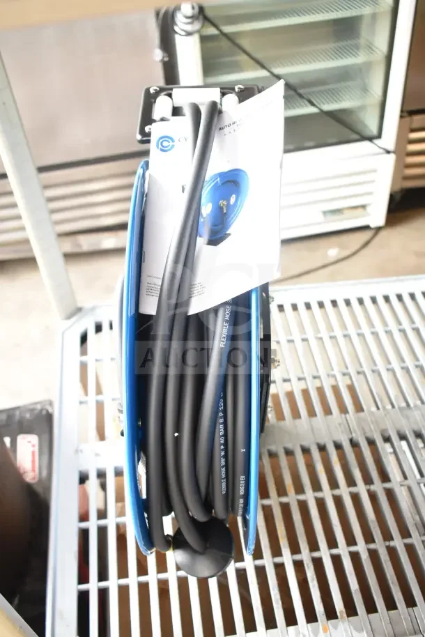 BRAND NEW SCRATCH AND DENT CP3688 Cyclone Pneumatic 50 Ft. X 3/8 In. Retractable Air Hose Reel; blue housing, black hose.