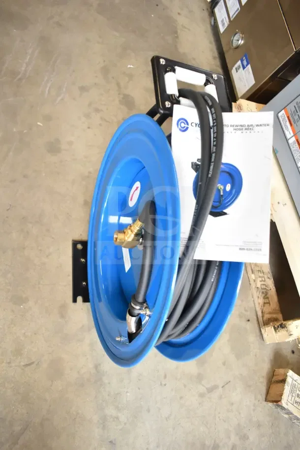 BRAND NEW CP3688 Cyclone Pneumatic retractable air hose reel, 50 ft. x 3/8 in., blue, slight cosmetic scratches, includes manual.