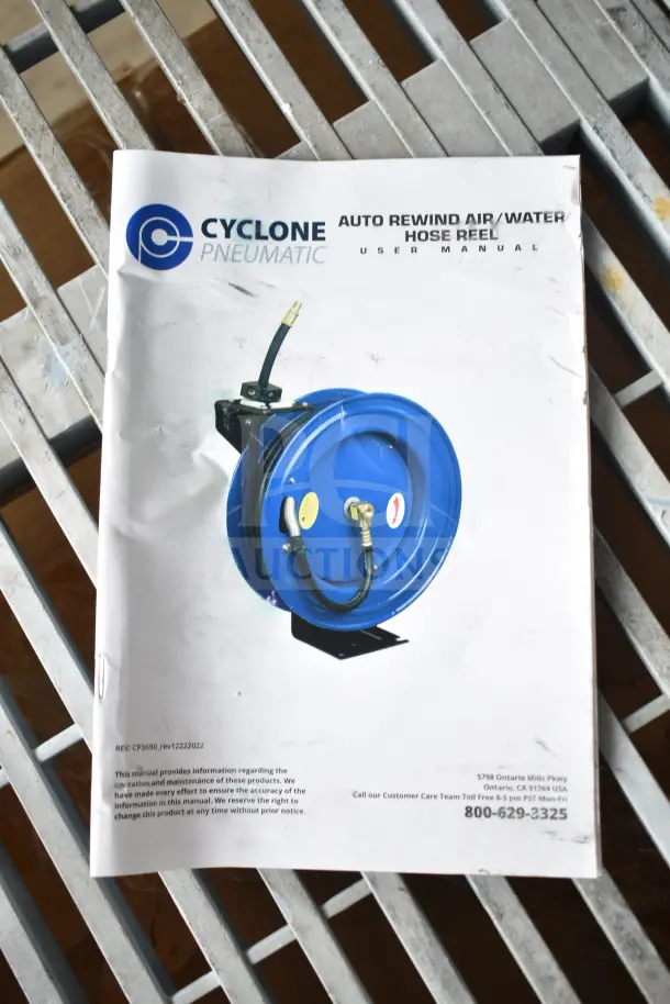 BRAND NEW CP3688 Cyclone Pneumatic 50 Ft. X 3/8 In. Retractable Air Hose Reel manual, with minor scratches on cover.