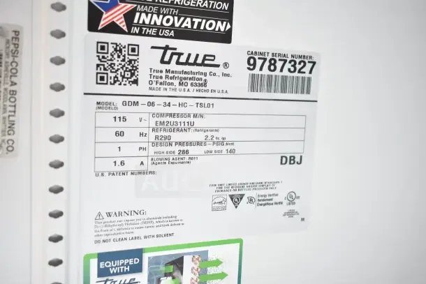 2020 True GDM-06-34-HC Mini Cooler Merchandiser label, 115V, 1 Phase, R290 refrigerant, Serial 9787327.