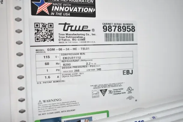 2020 True GDM-06-34-HC Mini Cooler Merchandiser label showing model, voltage, and refrigerant. Serial number: 9878958.