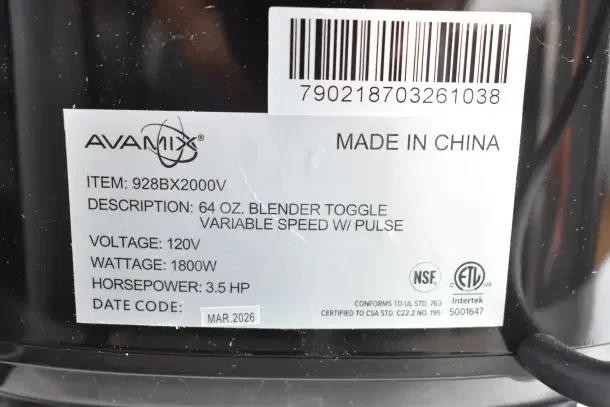 BRAND NEW AvaMix 928BX2000V commercial blender, 3.5 hp, variable speed, 64 oz Tritan container, 120V. Made in China, NSF certified.