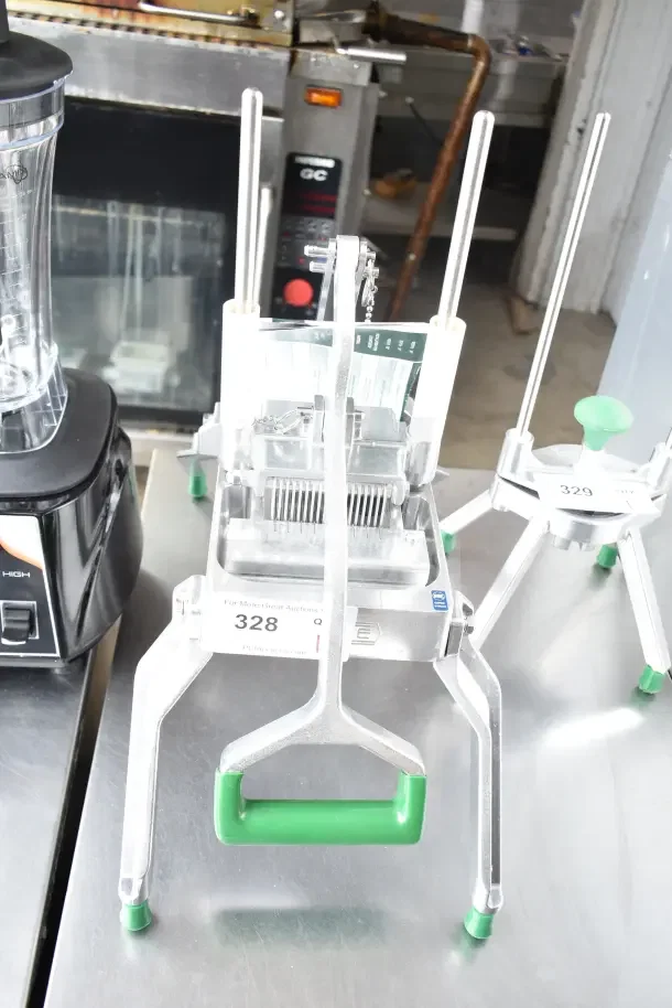 Brand new Garde 181ONSLC316 onion/produce slicer, 3/16" cut, in scratch and dent condition. Auction tag 328 visible.