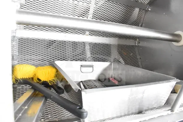 Pisces Fish Machinery DS150 Drum Scaler, commercial floor model, stainless steel, features yellow brushes, excellent condition.